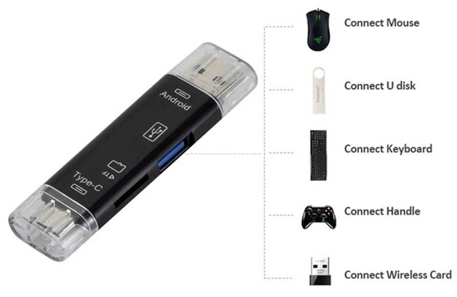 OTG Reader (5 в 1), смарт-картридер micro-USB, Type-C, SD-card адаптер