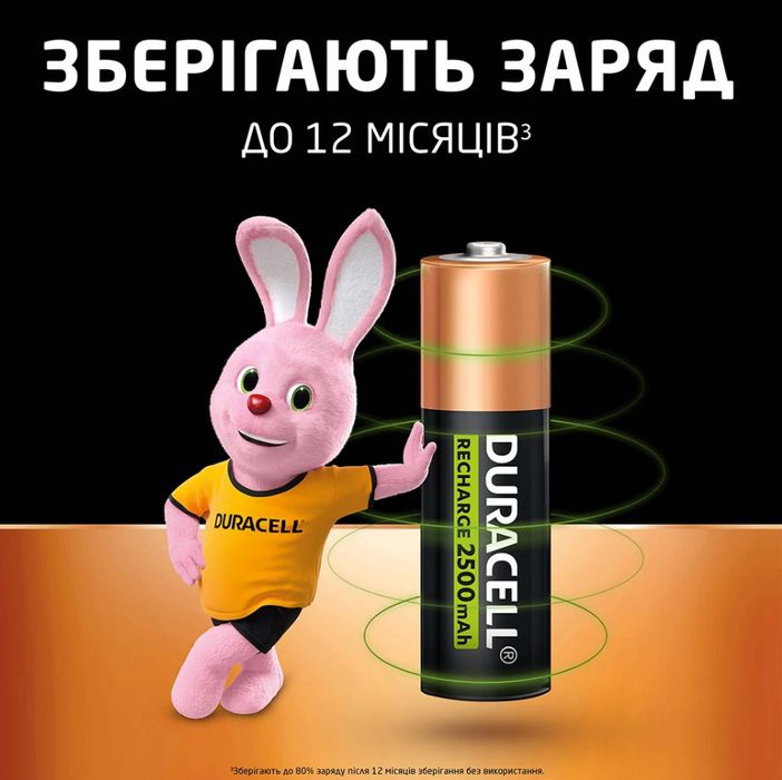 Аккумуляторні батарейки Duracell Rechargeable2500 mAh, кількість 4 шт.