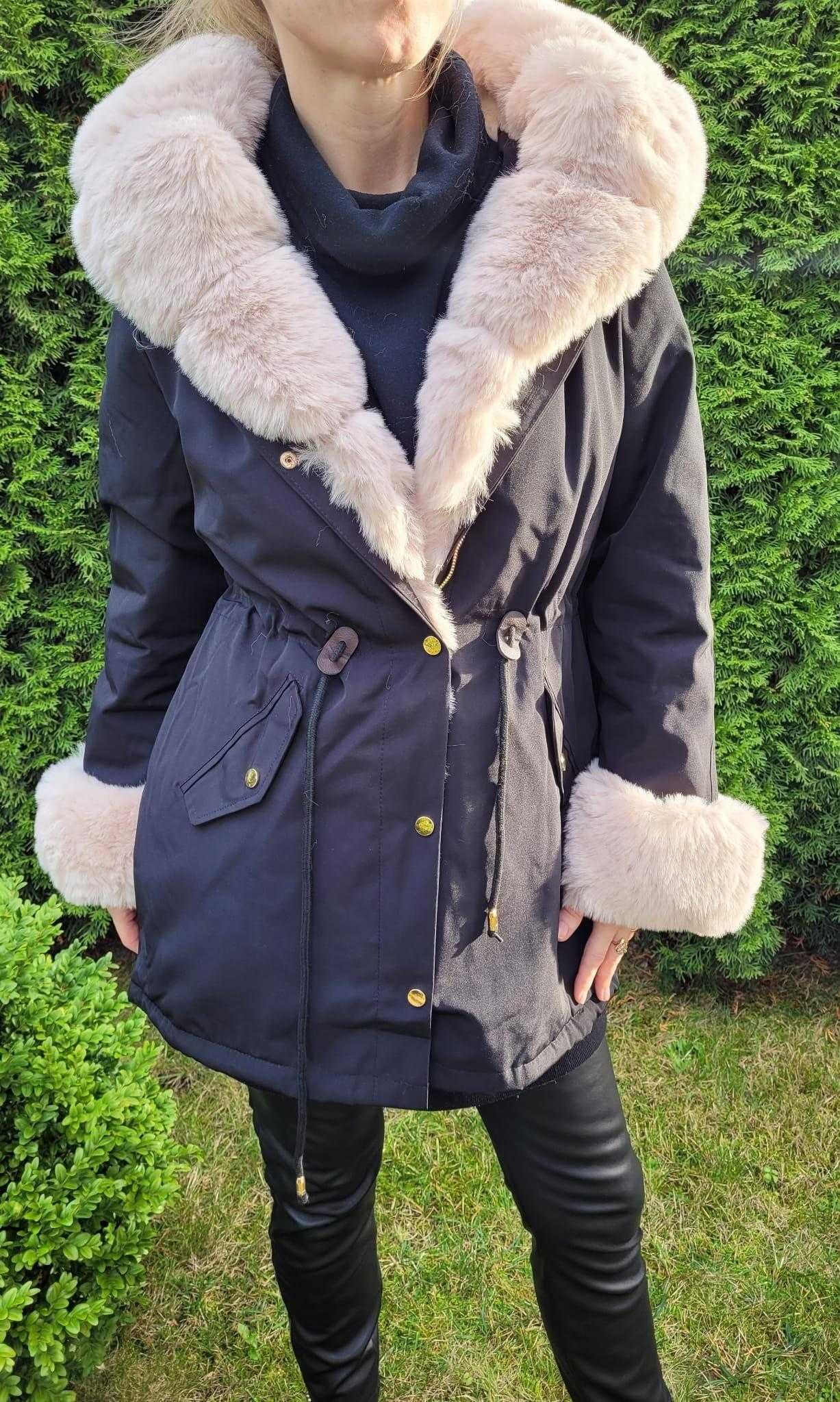 Czarna zimowa kurtka parka damska z futerkiem i kapturem nowa M-2XL