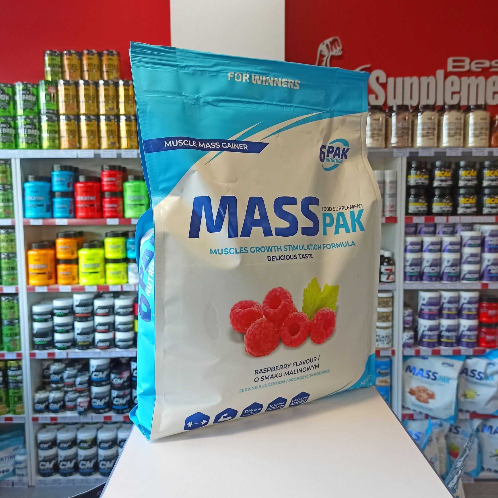 6PAK Mass Pak 5000g Gainer Odżywka Na Mase Węglowodany smak malina