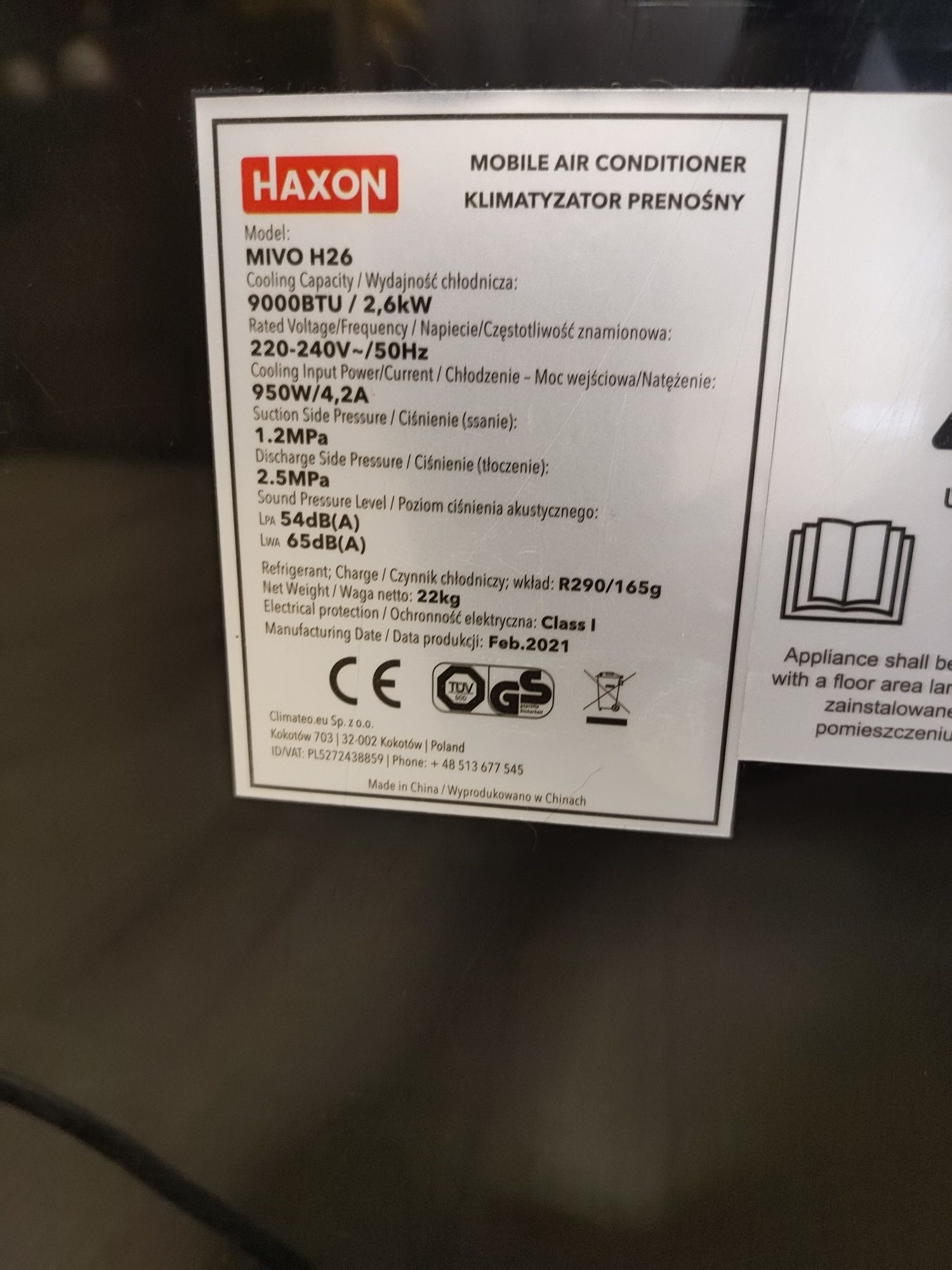 Klimatyzator przenośny wewnętrzny HAXON Mivo H26 z rurą i pilotem