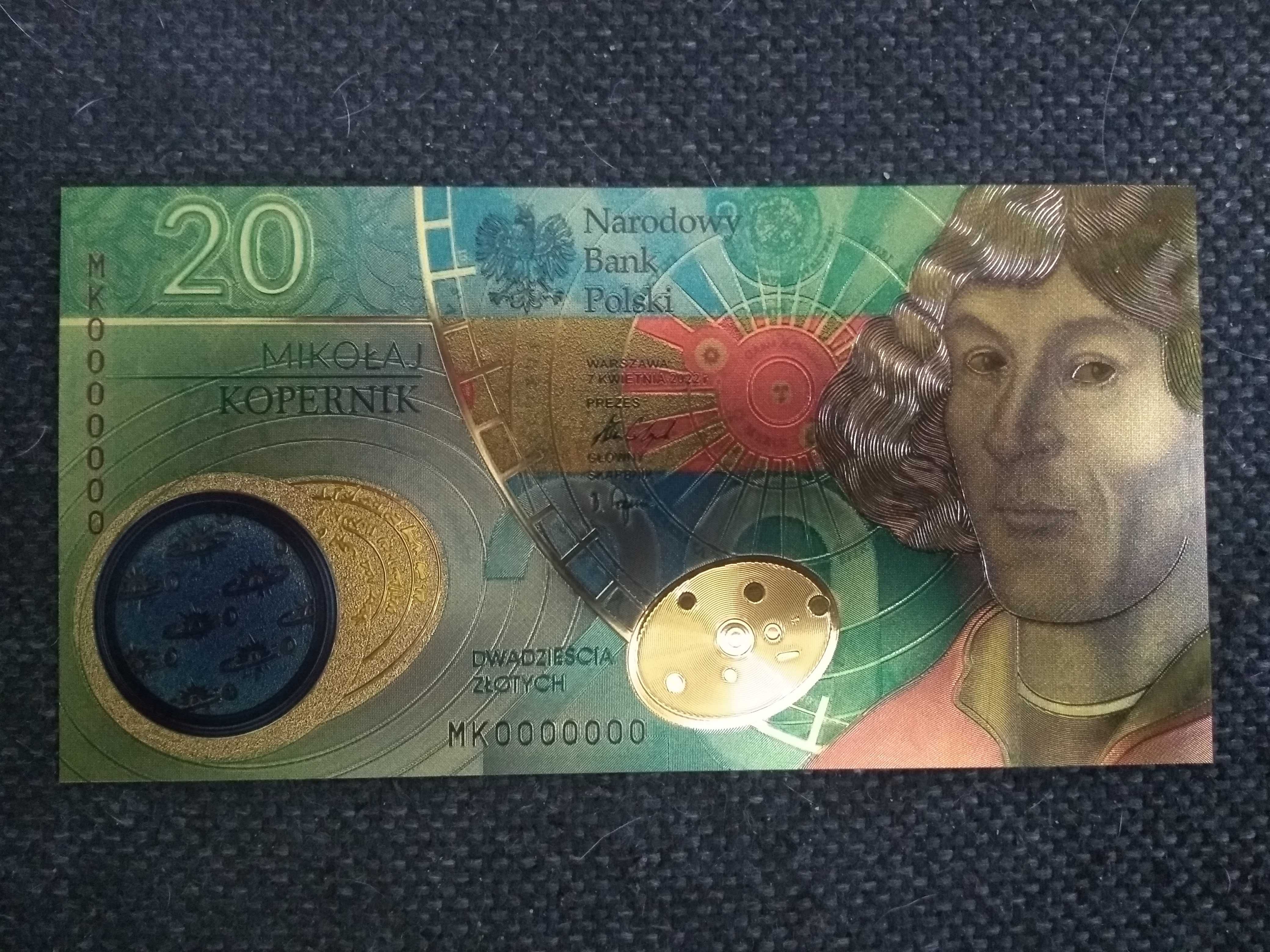 Banknot kolekcjonerski pozłacany - 20 zł Mikołaj Kopernik