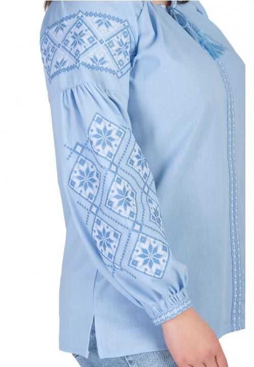 Жіноча блакитна лляна вишиванка, розміри S, M, L, XL, 2XL, 3XL