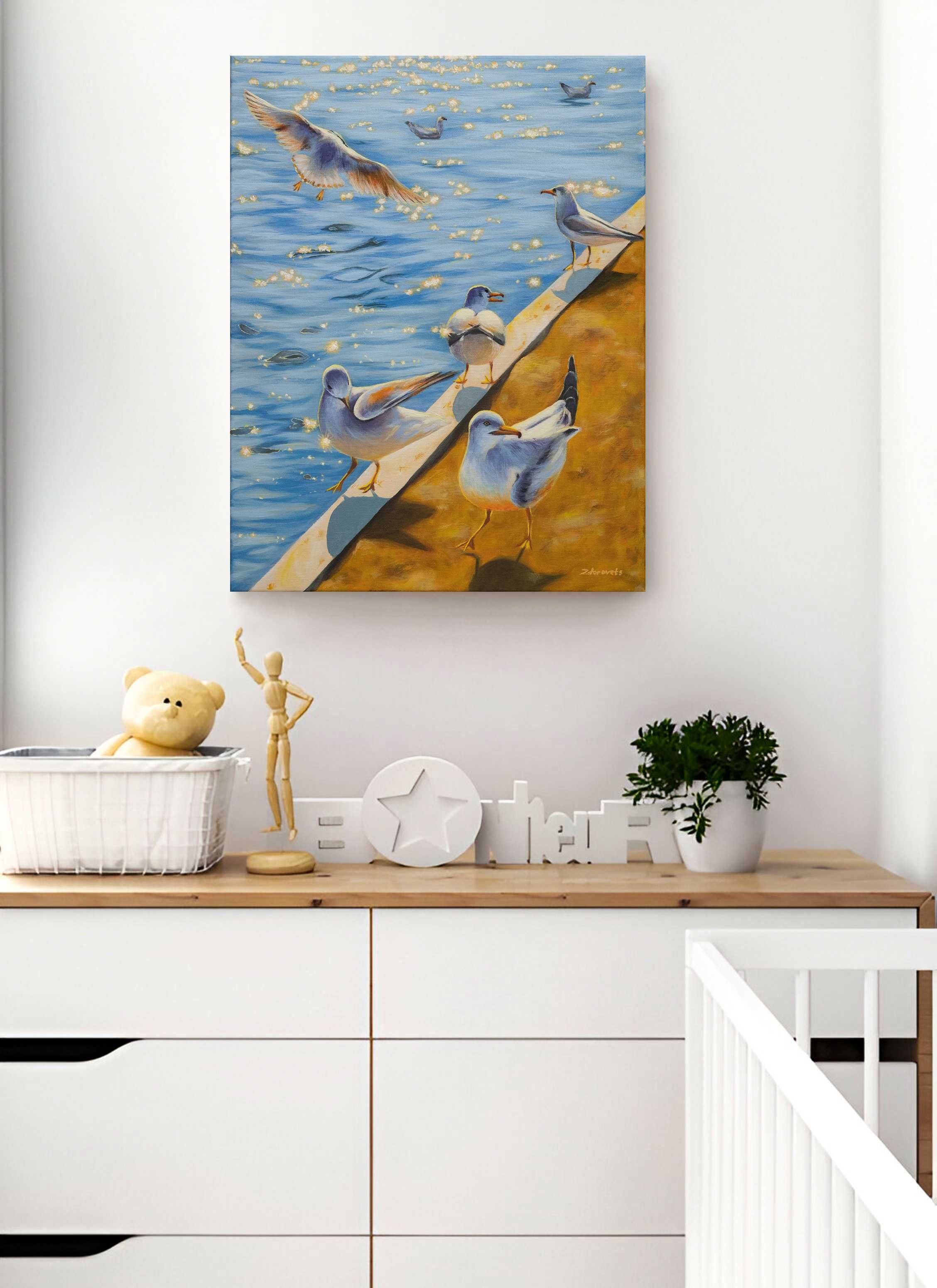 Картина море, чайки, морський пейзаж, птахи, живопис природа 35х45см