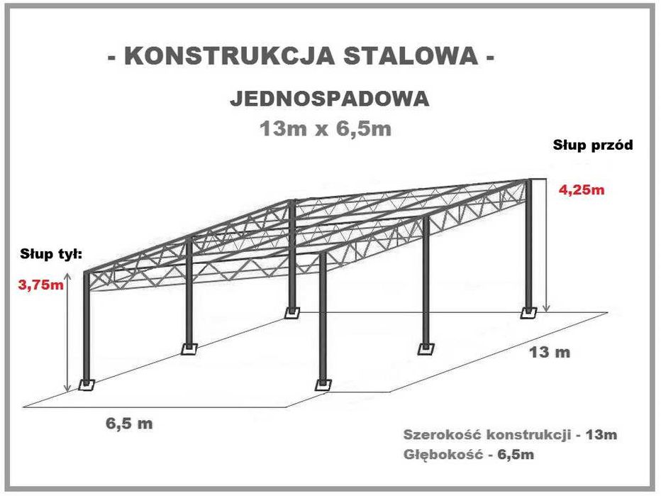 Wiata rolna garaż Konstrukcja skręcana 6,5 x 13m Hala Magazyn Blacha