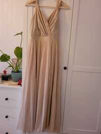 Długa beżowa sukienka idealna dla świadkowej, rozmiar 34