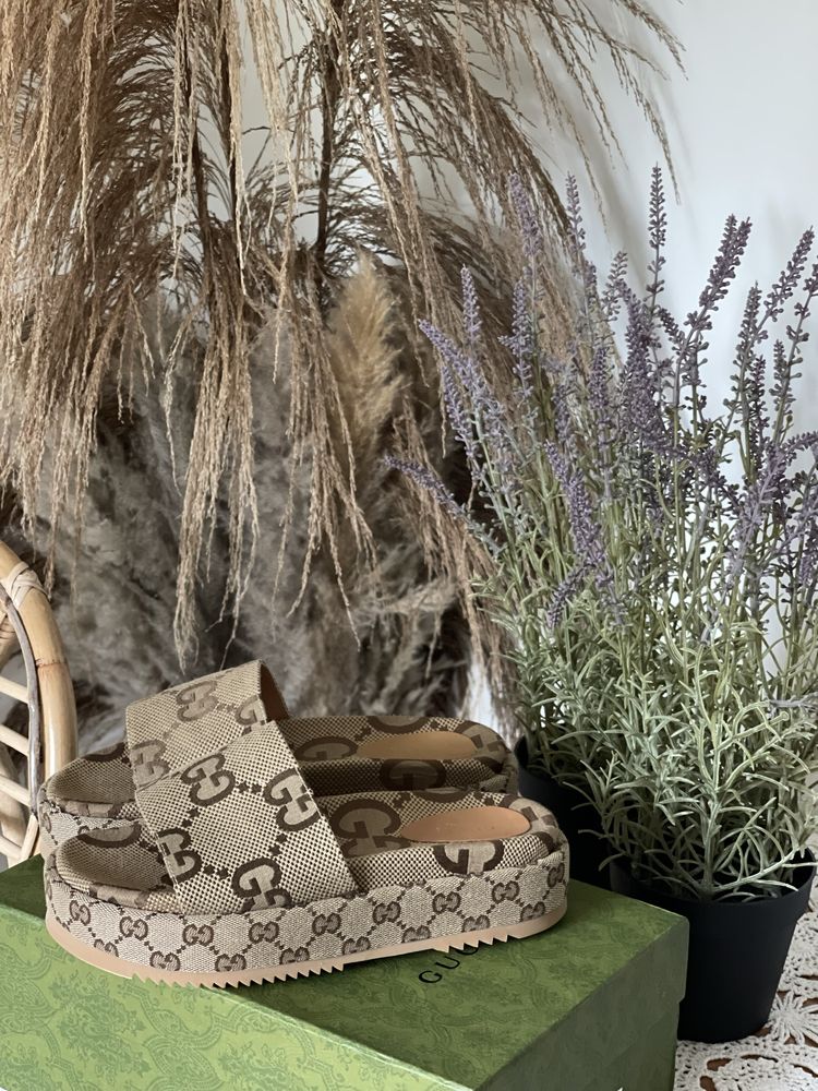 Klapki Gucci canvas maxi platformy 36 buty damskie na lato nowe