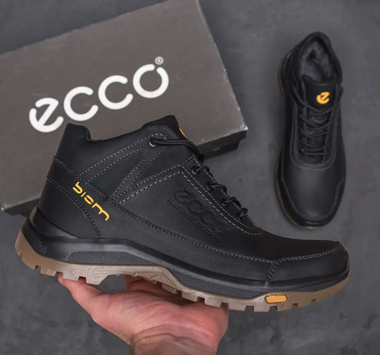 Чоловічі зимові черевики ecco, теплі шкіряні чорні ботінки на зиму