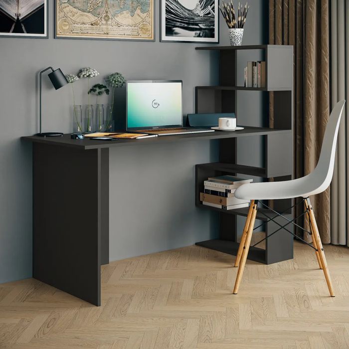 Комп'ютерний стіл із полицями L з ДСП Чорний, 1416
