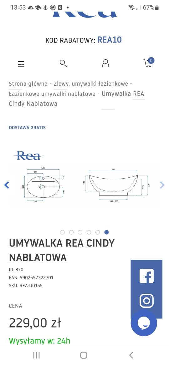 Umywalka nablatowa Rea Cindy 59x39