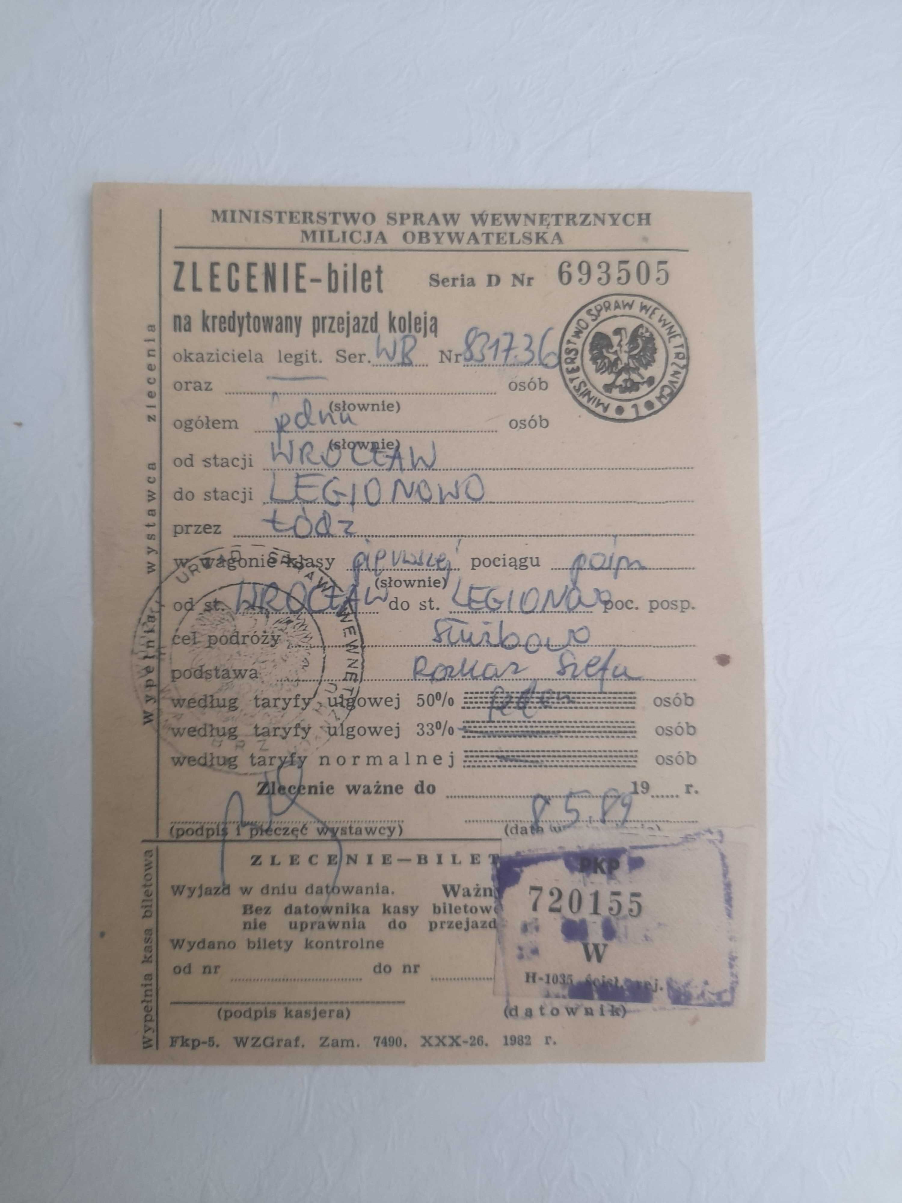 Pamiątka PRL Bilet specjalny PKP MO Milicja Obywatelska MSW rok 1989