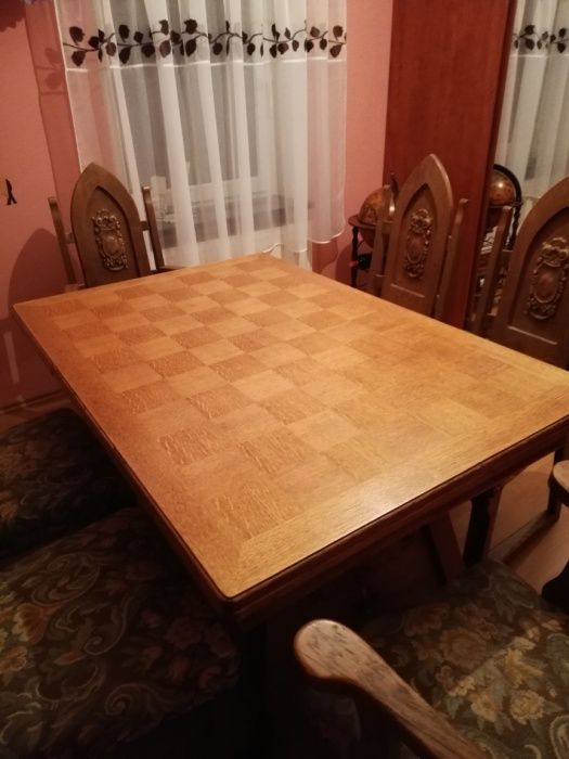 Stół dębowy rozkładany +6 krzeseł rzeźbione
