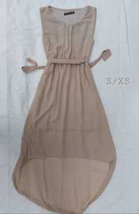 XS S długa beżowa asymetryczna maxi sukienka z podszewką