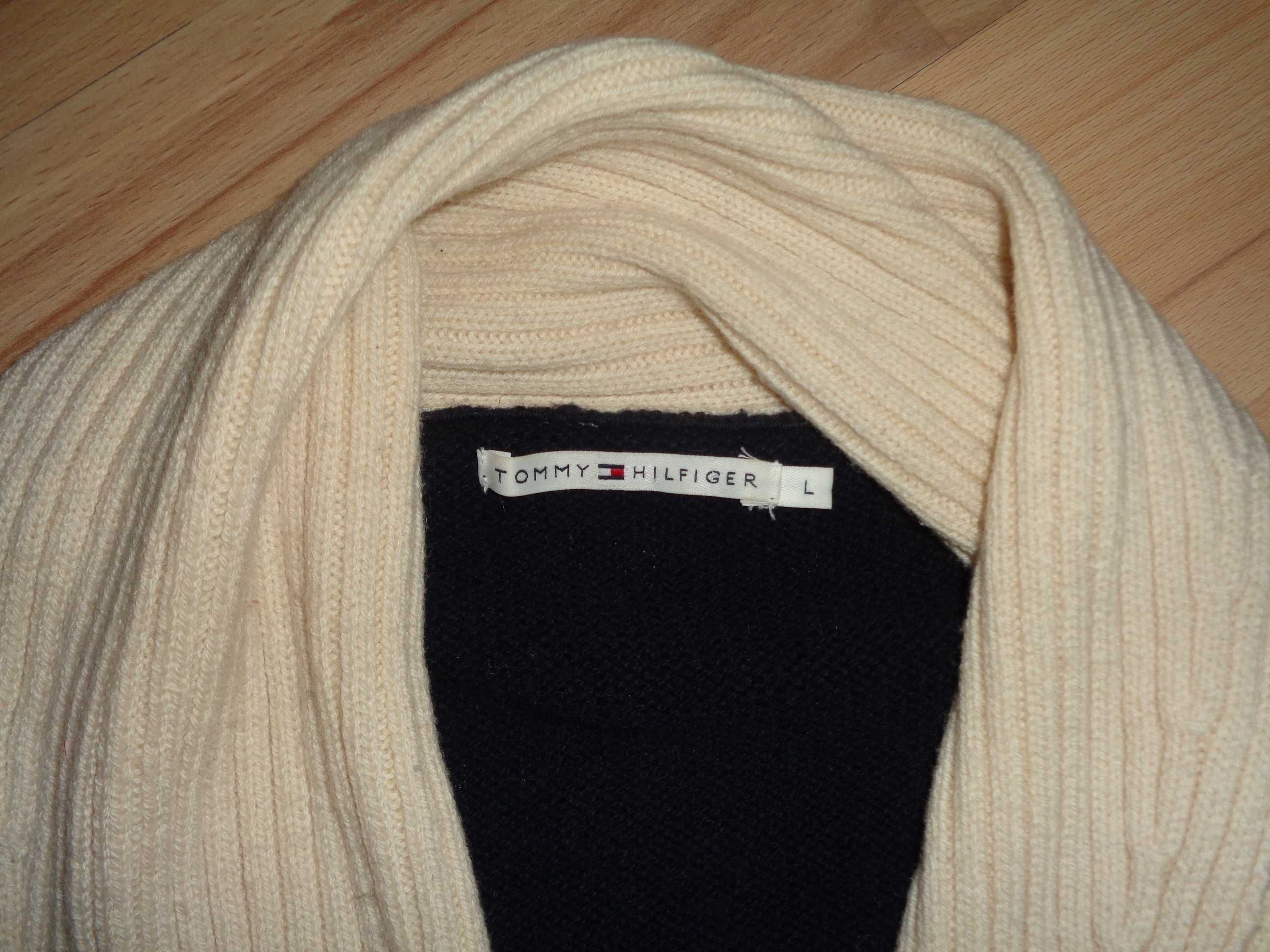 TOMMY HILFIGER ciepły gruby sweter w paski wiązany w pasie jak nowy L