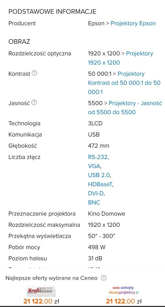 Epson EB-G7400U 4K (Pixel shift), 5500 lumenów kontrast 50000