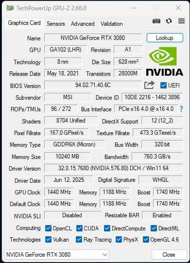 MSI RTX 3080 3X 10G LHR