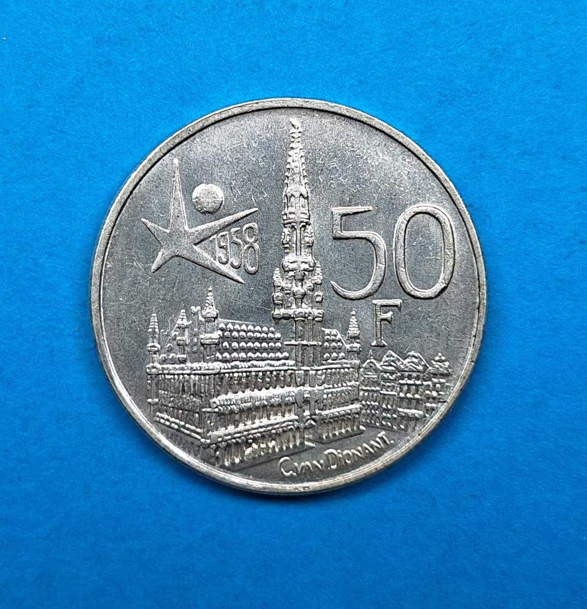 Belgia 50 franków, Expo 1958 Bruksela wersja FR, bdb stan srebro 0,835