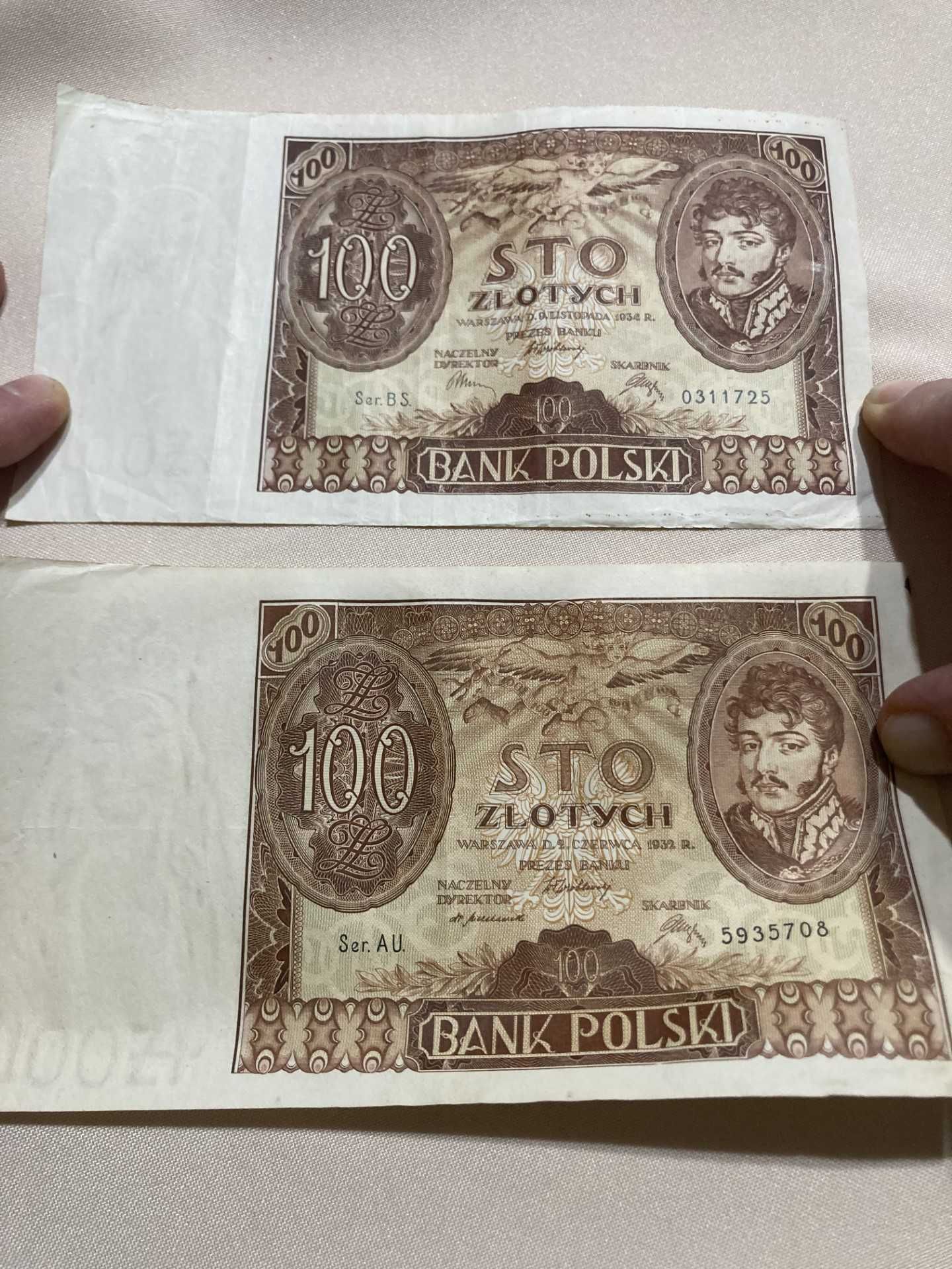 Banknoty 100zł z 1932 seria AU oraz 1934r. seria BS, piękne