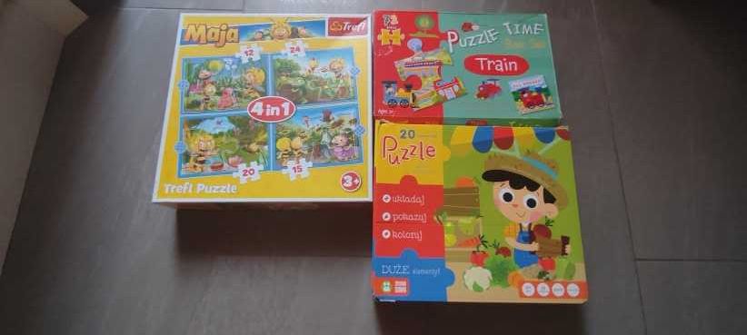 3 puzzle 3+ Maja z Trefl 4w1, Train 72 z Puzzel Time oraz Stragan 20