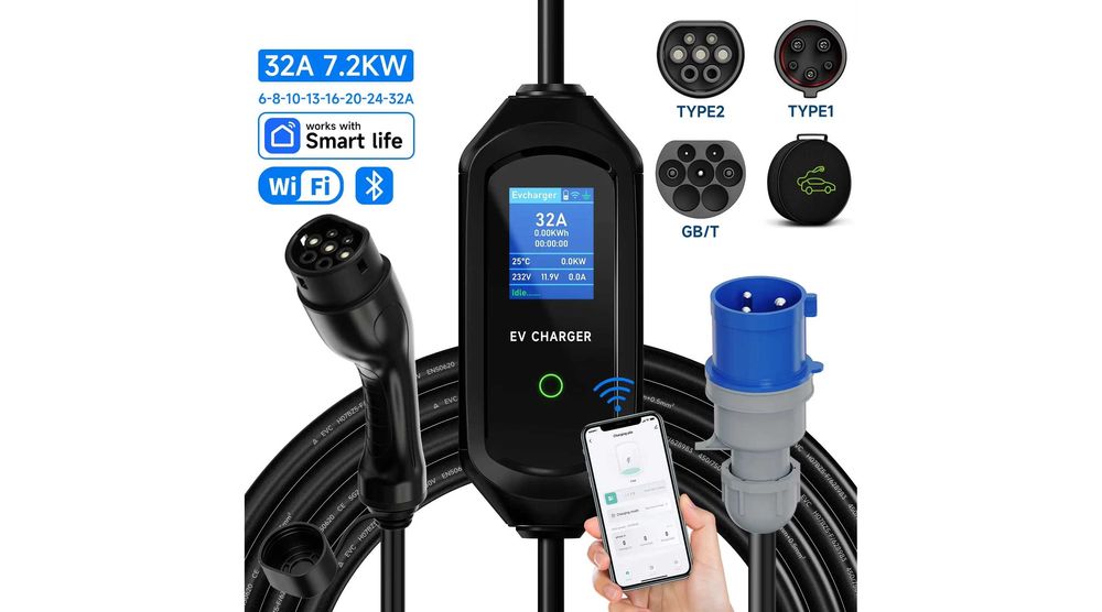 Зарядний пристрій авто 32A 7,2 KW 1 фаза type 1, type 2 GBT WIFI 5м.