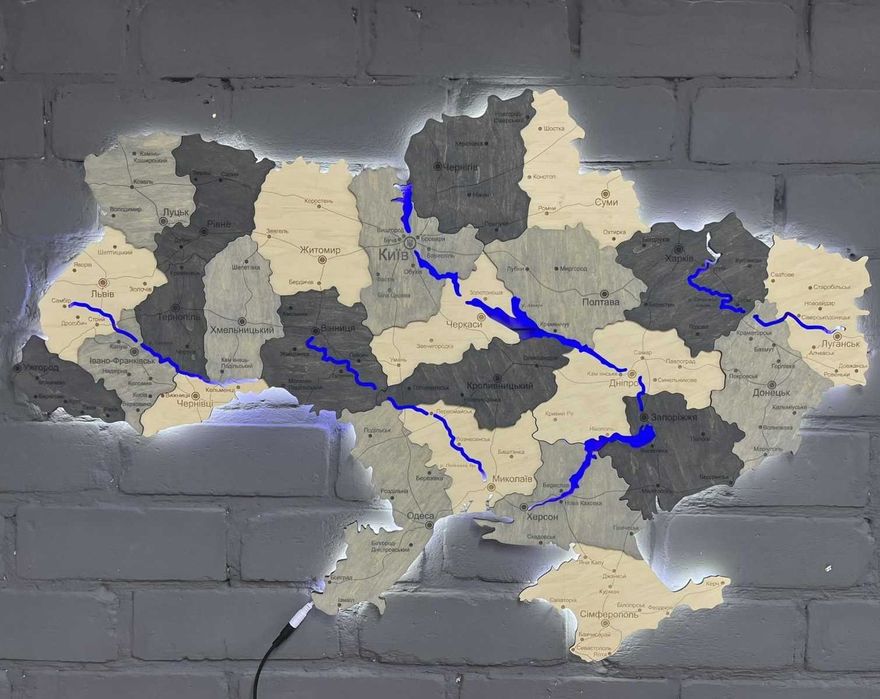 Дерев'яна 3Д мапа України з річками карта Украины дерево підсвітка ЛЕД