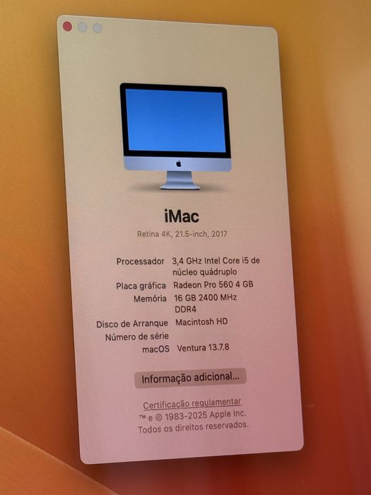 iMac 21,5" 4k 2017 - 16GB RAM - 480SSD