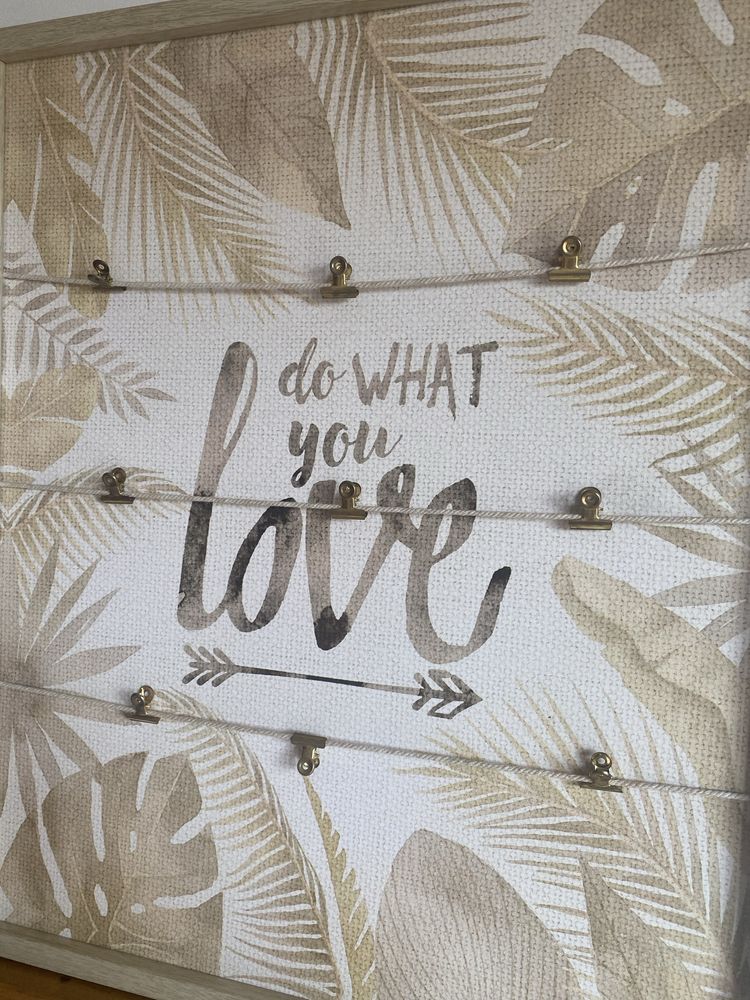 Quadro porta fotos com molas “do what you love” plantas beje