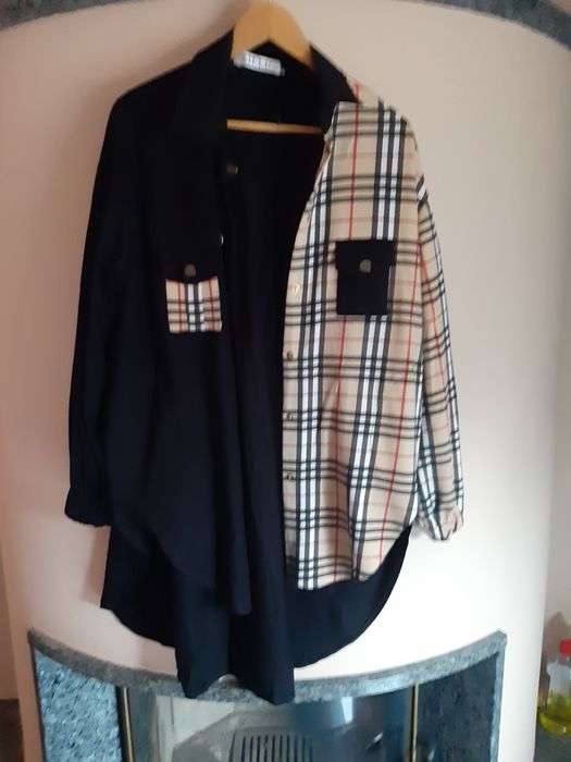 Koszula oversize tunika czarna tkanina koszulowa kratka sukienka duża