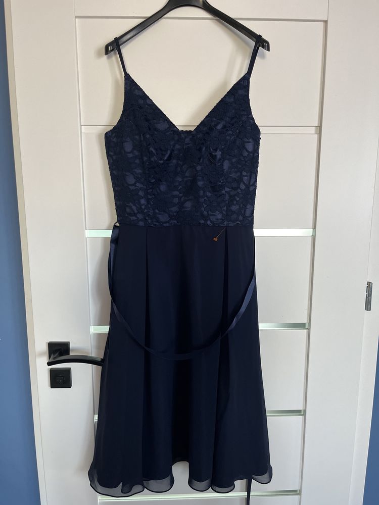 40 swing nowa elegancka granatowa sukienka koronka