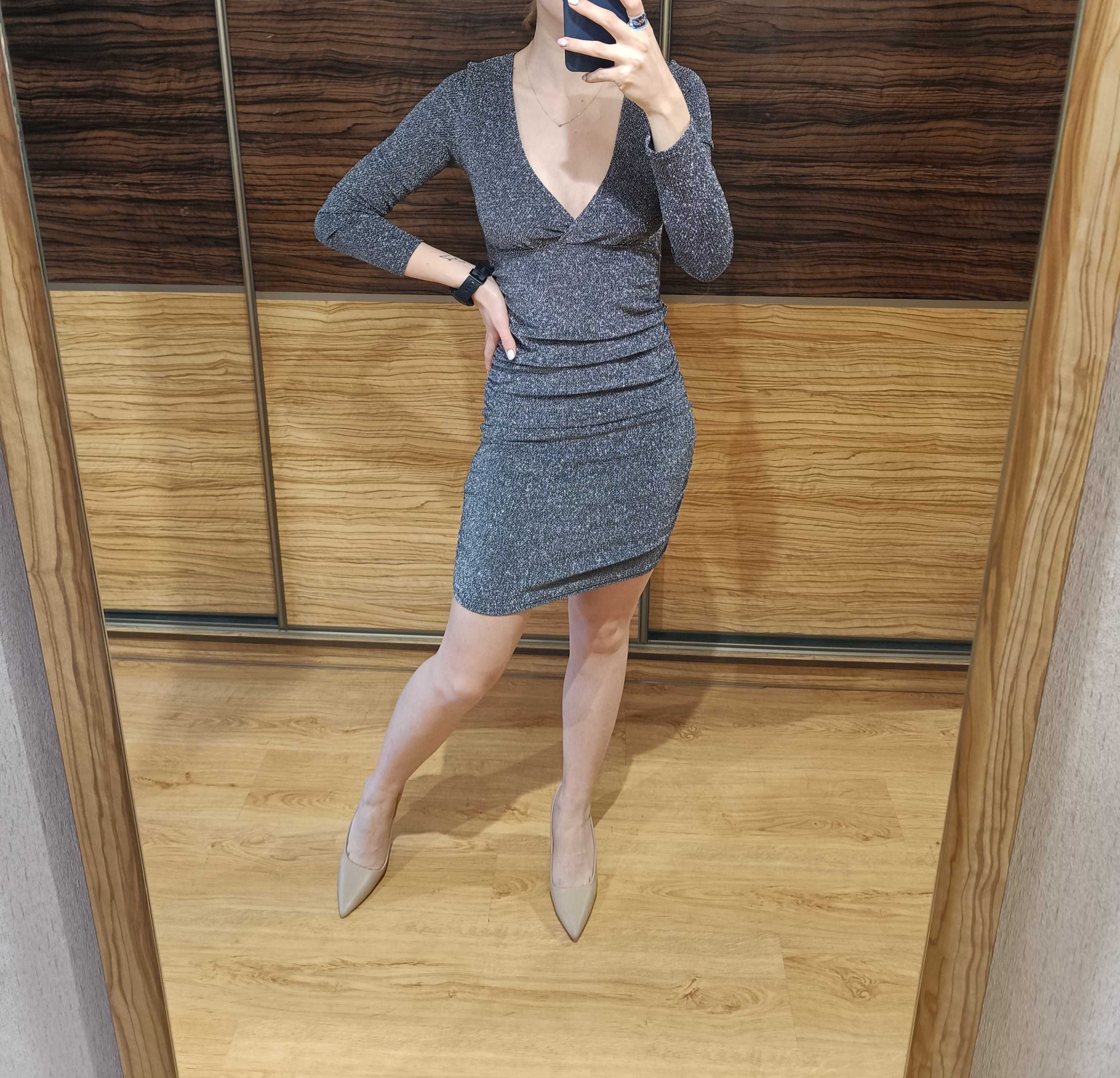 Sukienka mini srebrna szara H&M S 36 Boże Narodzenie Sylwester