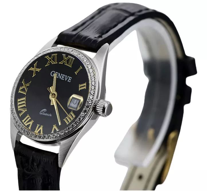 Zegarek damski z białego złota 14k Geneve z czarną tarczą lw078wdbc K