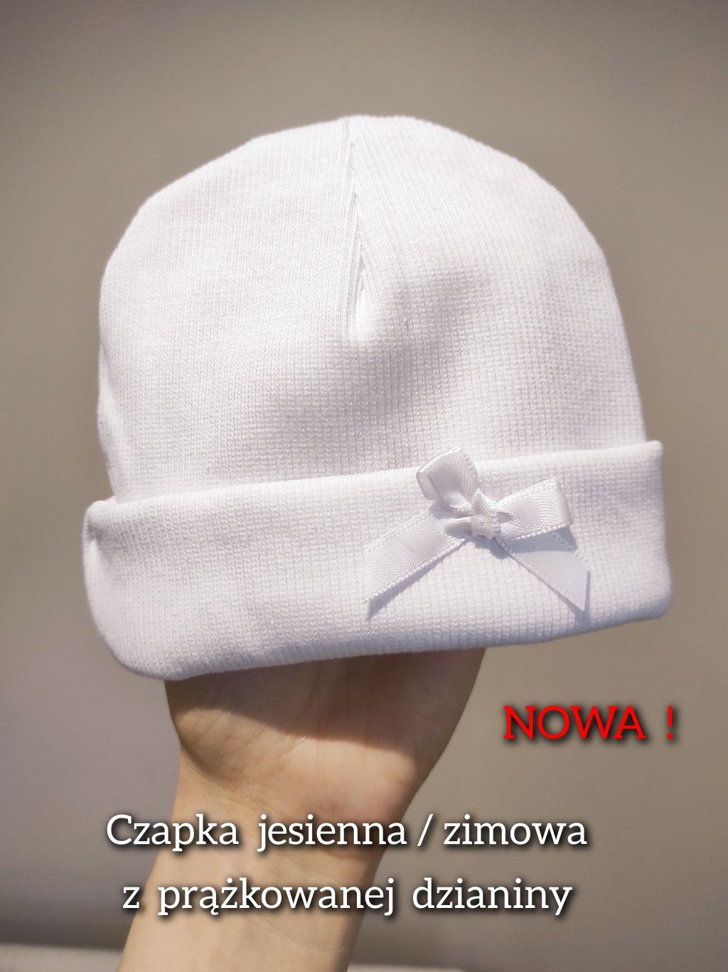 NOWA biała elegancka czapka jesienna / zimowa z kokardką / na chrzest