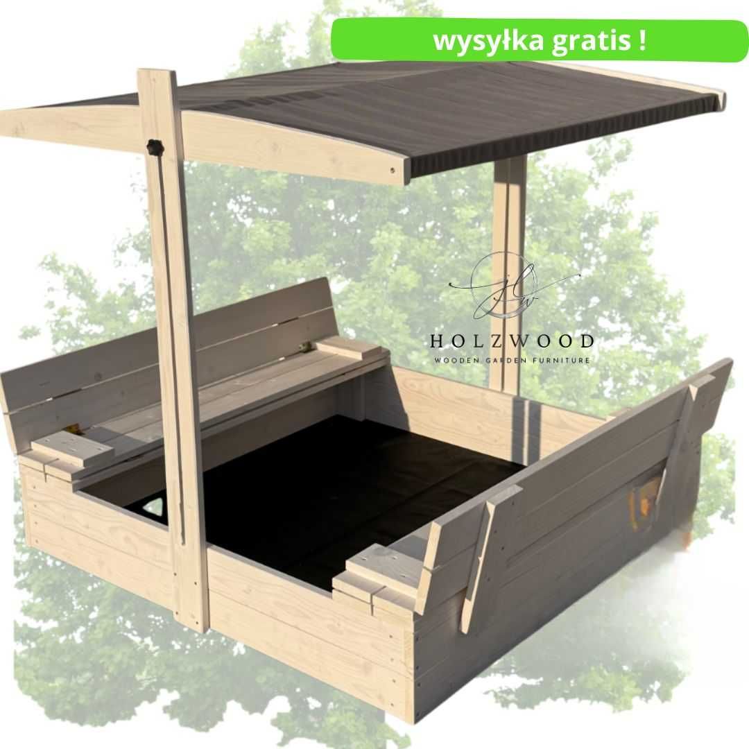 drewniana piaskownica z daszkiem, parasolem i ławeczkami- producent