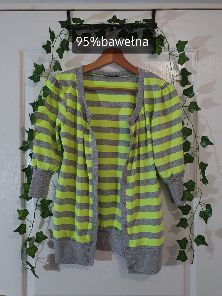 Sweter kardigan szary w paski neonowe bawełniany S 36