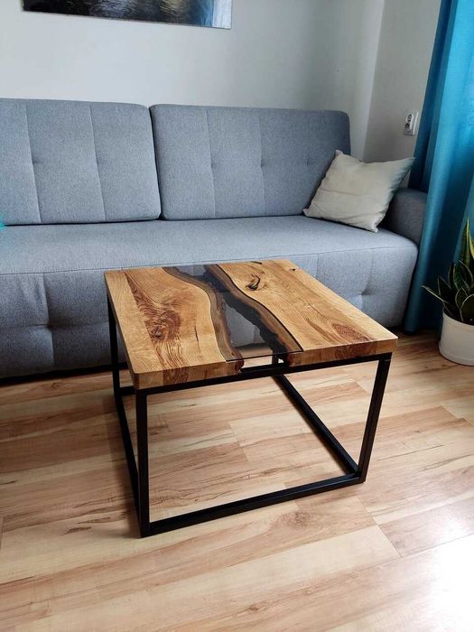 Stolik kawowy dębowy niski 45cm loftowy vintage ze szkłem kwadratowy
