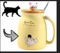 kubek kot kotek ceramiczny żółty 420ml łyżeczka + pokrywka dla kociary
