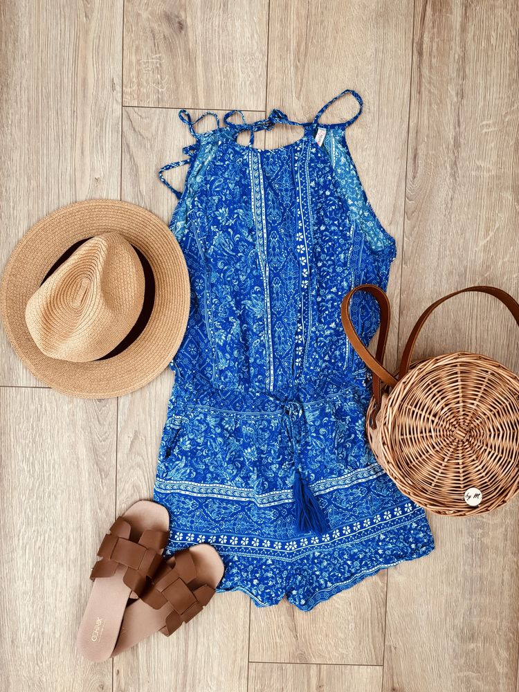 Kombinezon letni damski boho wiązany chwosty S granatowy jak nowy