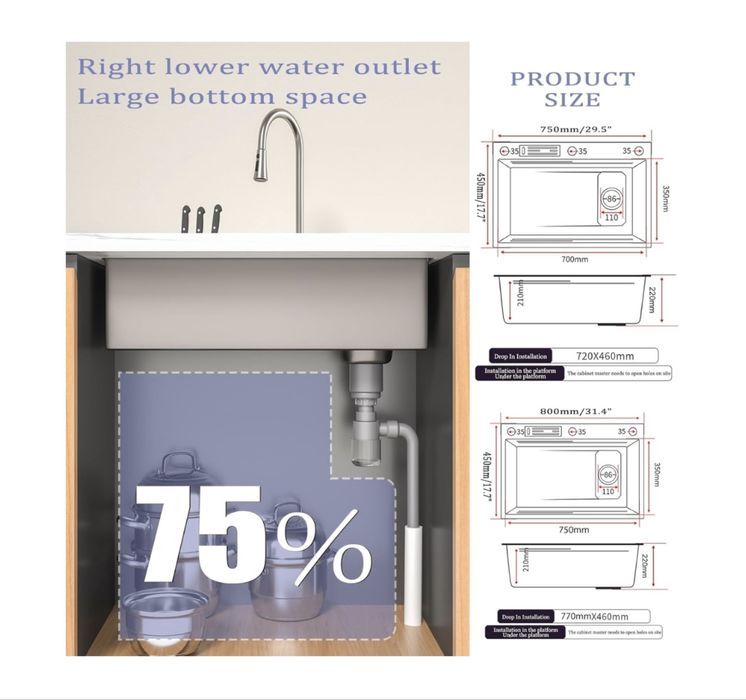 Nowoczesny zlewozmywak kuchenny 80x45cm z wodospadem i wyświetlaczem