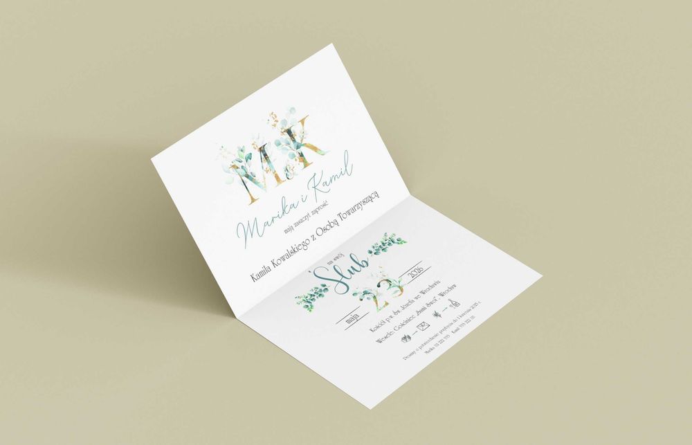 Zaproszenia Ślubne EUKALIPTUS złoty pasek GOLD zaproszenie ślub kopert