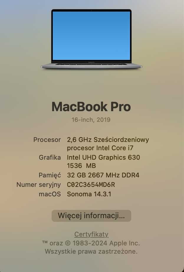 Apple MacBook Pro 16, i7, 32 GB, 512 GB, Radeon Pro 5300M, 109 cykli