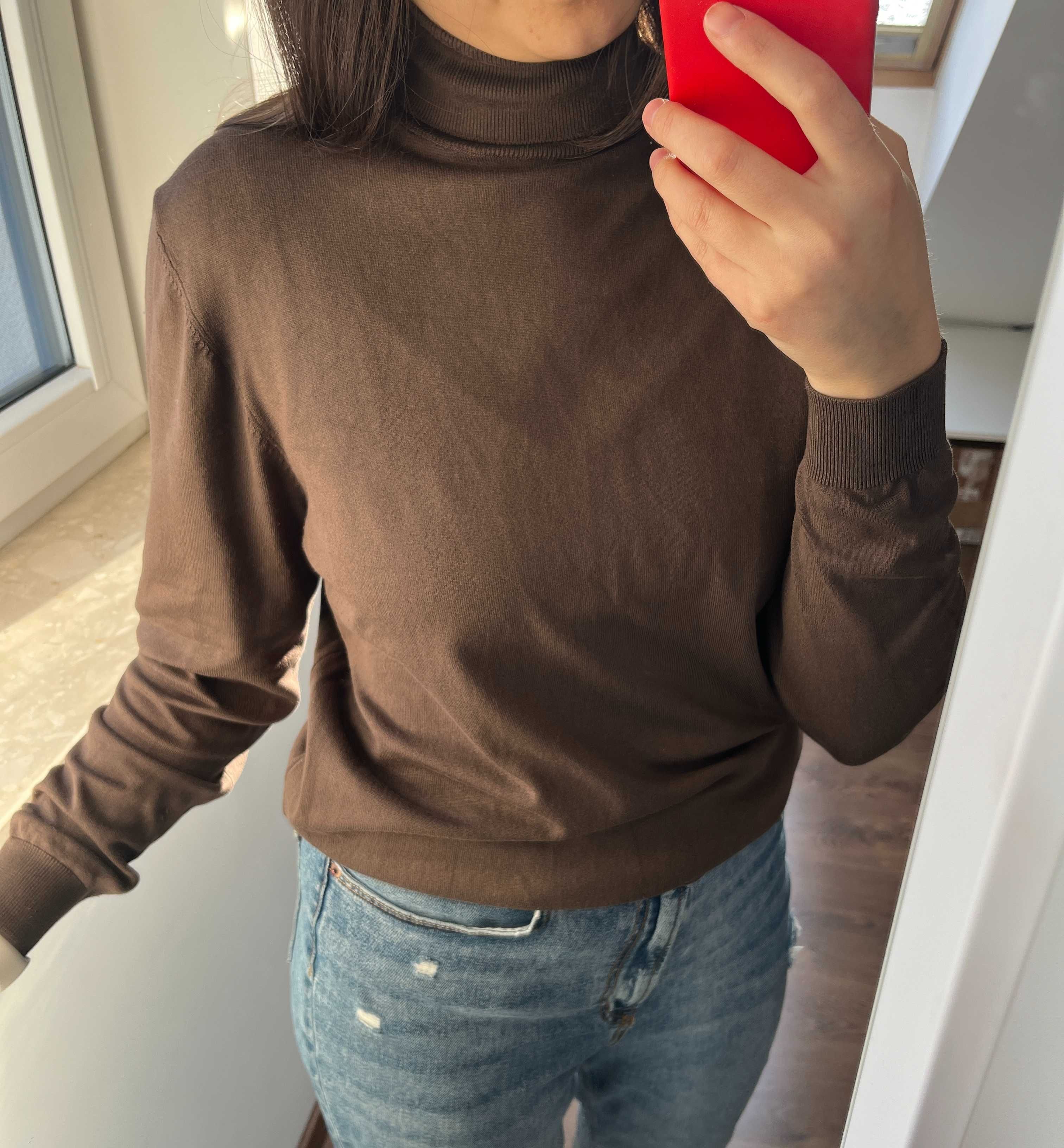 ZARA Wiskozowy Sweter z Golfem Rozmiar L Czekoladowy brąz