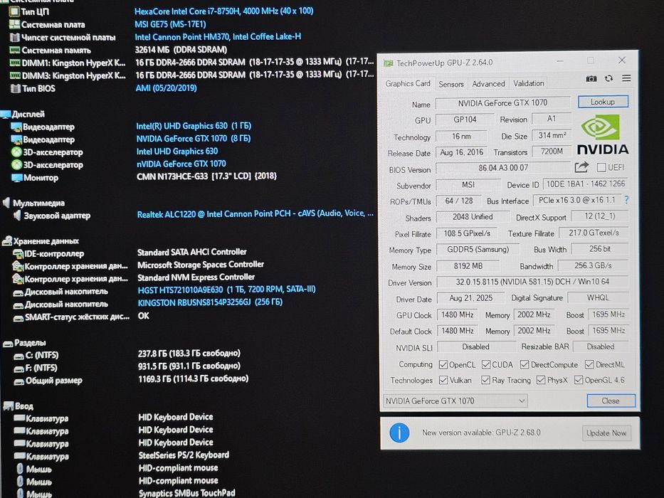 MSI 17.3" 144Hz/i7 8750H/GTX 1070 8GB/RAM 32GB/SSD 256/HDD 1000GB