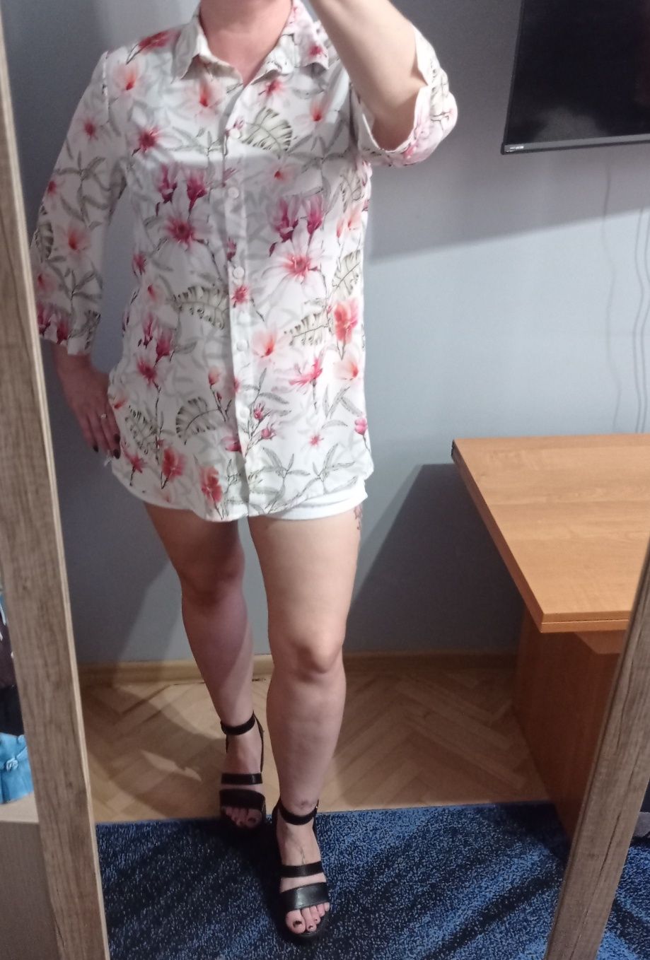 Koszula 46 xxxl 18 rękaw 3/4 kwiaty delikatne mgiełka elegancka codzie