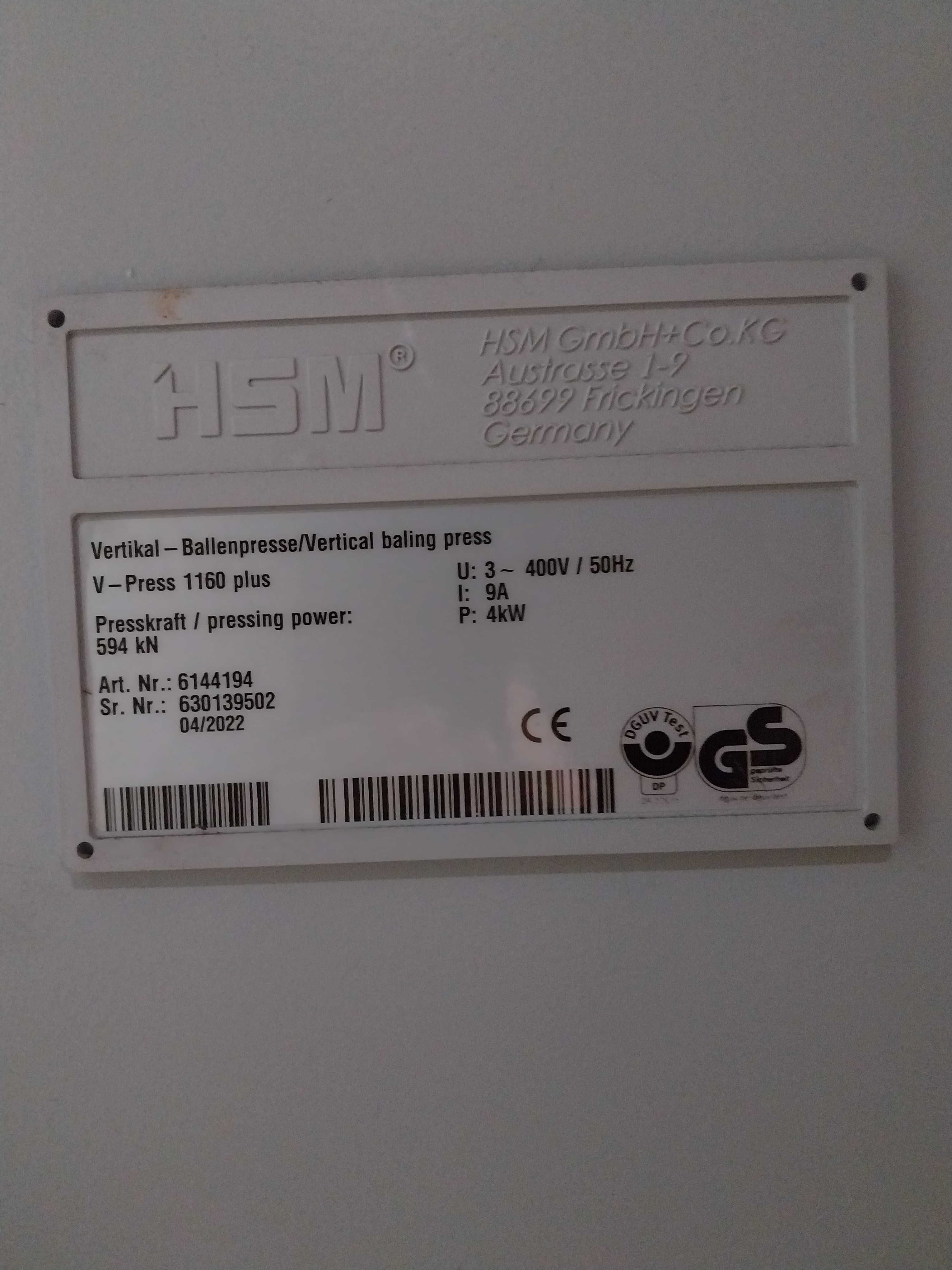SPRZEDAM BELOWNICE PRASĘ HSM V-PRESS 1160 do makulatury i folii