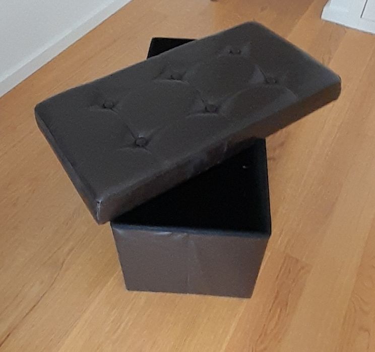 Pufe com arrumação em couro sintético castanho escuro