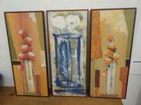 Conjunto 3 quadros pintados sob madeira, flores, moldura incorporada