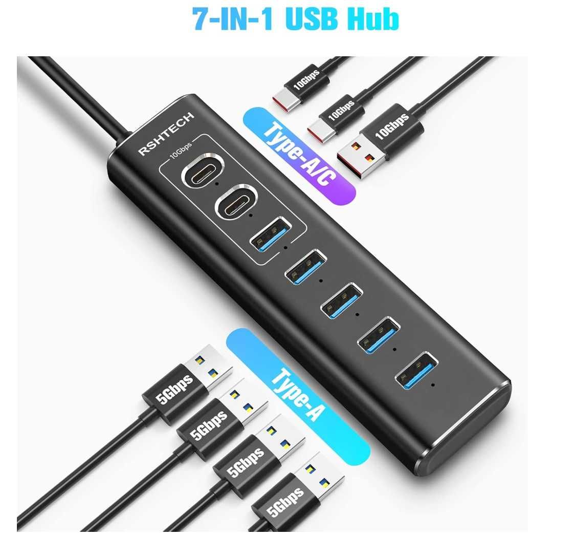 Aktywny koncentrator USB z zasilaczem RSHTECH 7-portowy x2 C USZKODZON