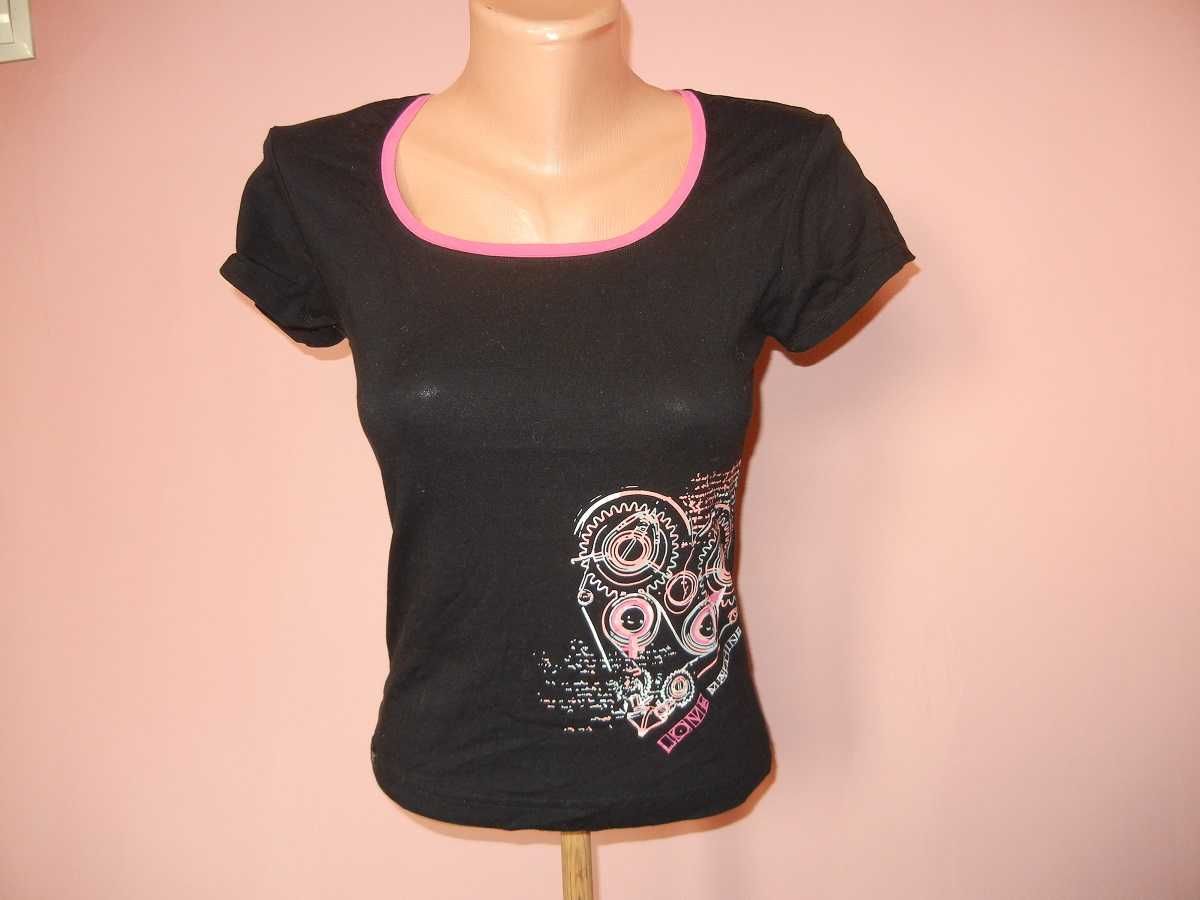 T-shirt damski czarny z różową lamówką KEY rozmiar M nowy
