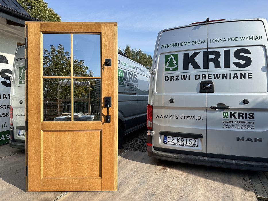 Drzwi zewnętrzne drewniane z klamką Schlage na wymiar Czyste powietrze