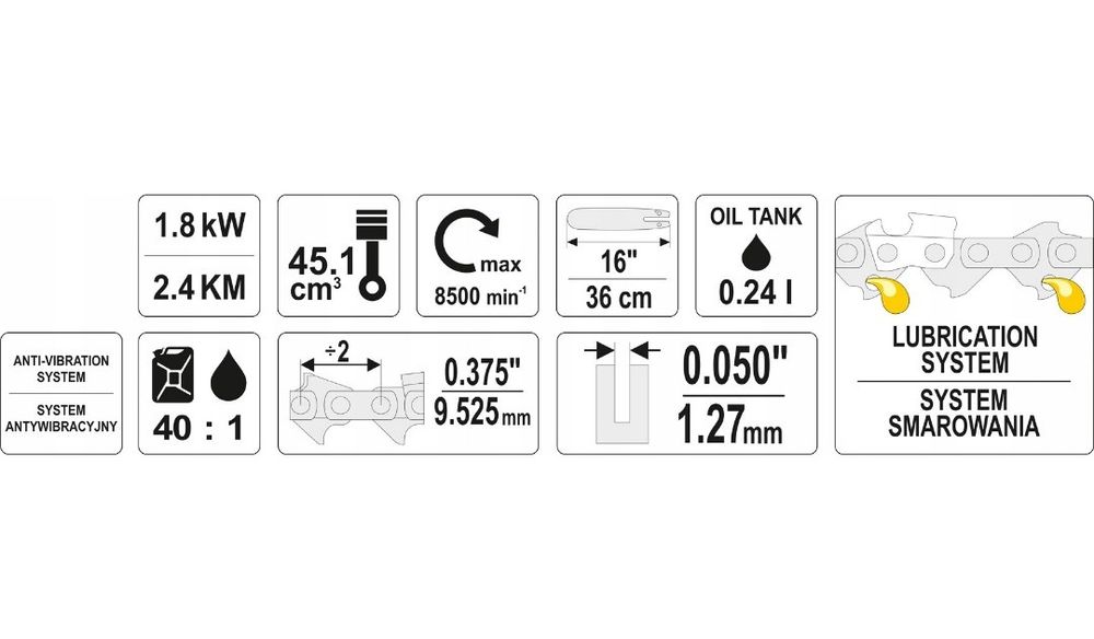 Piła łańcuchowa spalinowa - 2,4KM 36cm YATO YT-84901
